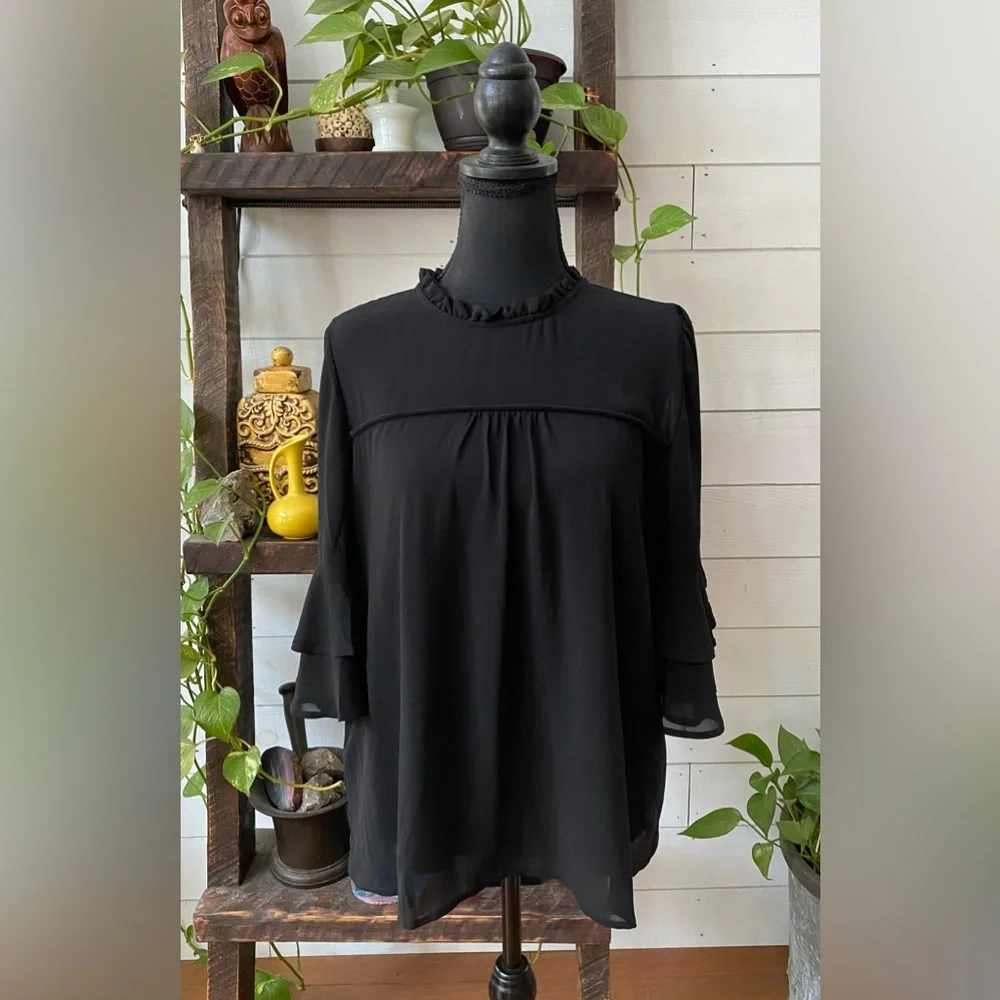 Monteau: Black Babydoll Blouse with Ruffle Collar - Picture 11 of 13